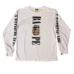 A Bathing Ape BAPE Check Logo ABA Plaid Tee White Long Sleeve MED Bapesta Street